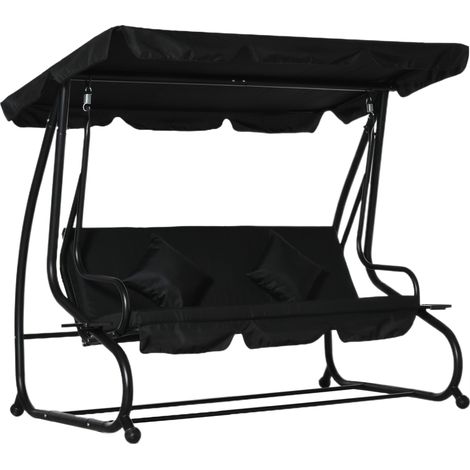 Outsunny 2-in-1 Garden Swing Chair for 3 Person w/ 2 Pillows, Black