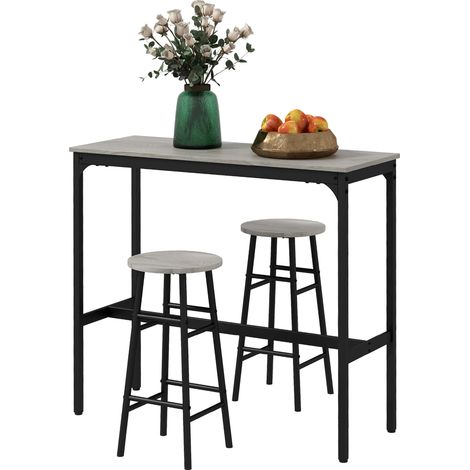 3 Piece Bar Table Set with 2 Stools, Industrial Bar Table Stool Set, Dining Table Chair Set, Grey (1/5)