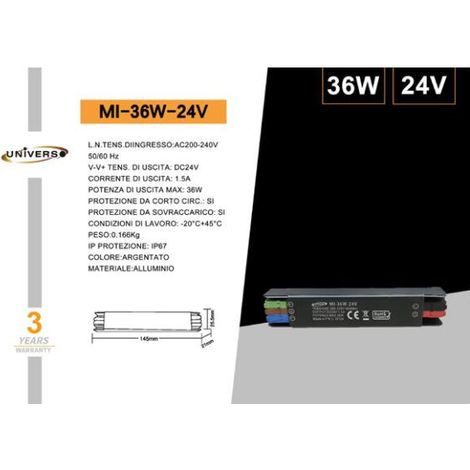 UNIVERSO MI-36W-24V ALIMENTATORE SWITCHING ULTRA SLIM DA ESTERNO IP67 CON POTENZA 36W DC 24V 1.5A