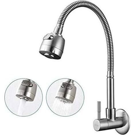 Robinet de Cuisine Mural Pivotant 180° avec Fonction Double Eau Froide et Tuyau Rétractable en Acier Brossé (1/4)