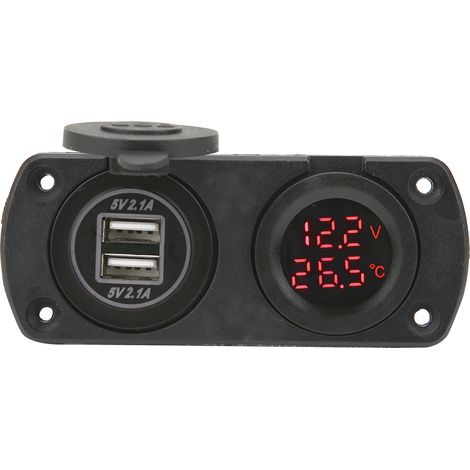 Chargeur avec thermomètre et voltmètre, double prise USB 12V pour voiture, prise allume-cigare, rouge. (1/5)