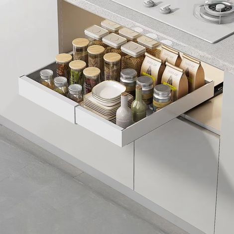 Ausziehbare Küchenschublade – 1 Stück – Breitenverstellbar 32–52 cm – Tiefe 42 cm – Ohne Bohren, selbstklebend – Kohlenstoffstahl – Weiß – Home Nature Wohnkonzept (1/5)