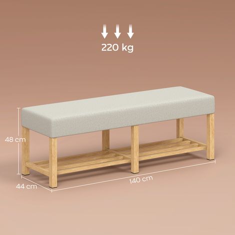 Banc à chaussures en bois massif de 140 cm, banc d'entrée moderne avec assise rembourrée pour deux personnes, bois naturel et blanc crème (1/5)