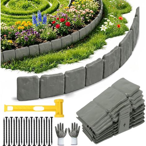 Lot de 20 bordures de parterre en plastique avec gants et marteau, bordure de pelouse en plastique de 5 m avec aspect pierre pour bordures de pelouse et parterres de fleurs (gris) (1/5)