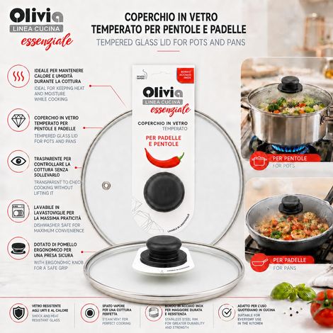 Couvercle pour Poêle ou Casserole en Verre Trempé – 16/18 / 20/22 / 24/26 / 28/30 cm – Transparent Rond Universel avec Bouton pour Poêles et Casseroles Cuisine - Lave-Vaisselle- 32 cm (1/5)