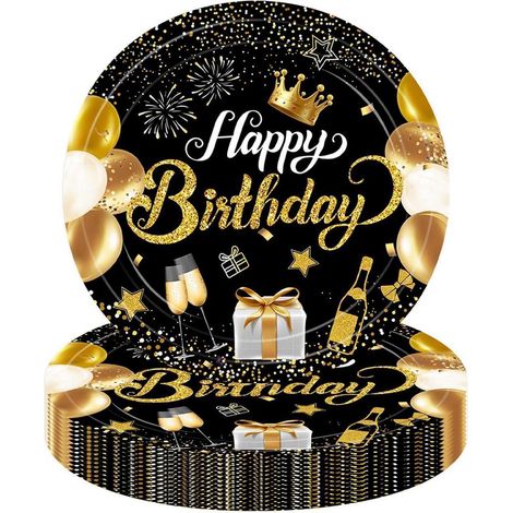 16 Pappteller Schwarz Gold Happy Birthday 18cm für 16 Gäste