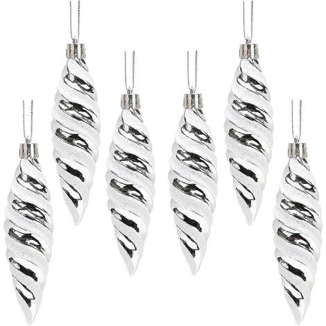 Décorations de Noël - Lot de 6 boules en spirale de 110 mm - Brillantes et pailletées - Décorations pour sapin de Noël (Argent) (1/5)