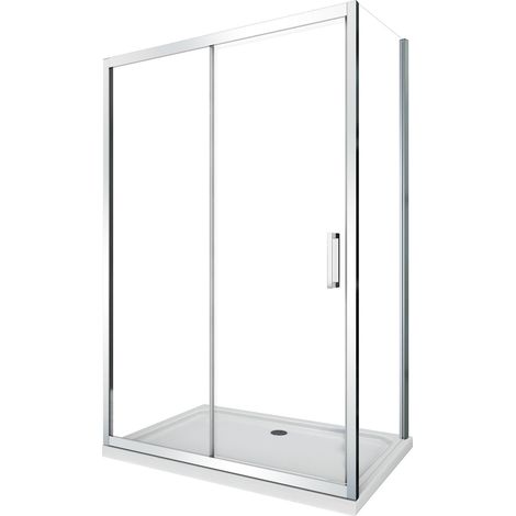 Eckduschkabine aus 6 mm dickem Glas mit feststehender Wand und umkehrbarer Schiebetür, H. 190 87,5-90 feste Wand + Tür 115-120