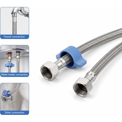 Lot 2 Tuyaux Flexibles Tresses Acier Inox 304 40 cm - Raccord Cuivre CE - Chaude Froide Robinet WC Chauffe-Eau (1/5)