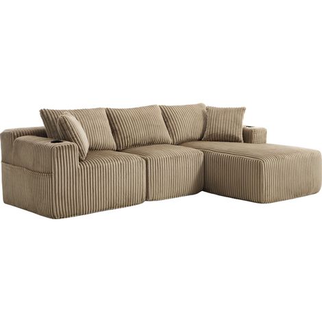 Sofá modular con chaise longue y 2 plazas, tapizado en pana suave, color beige (1/5)