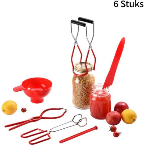 Ensemble de 6 ustensiles de cuisine - acier inoxydable - ouvre-boîte et pince - manche antidérapant - rouge (1/5)