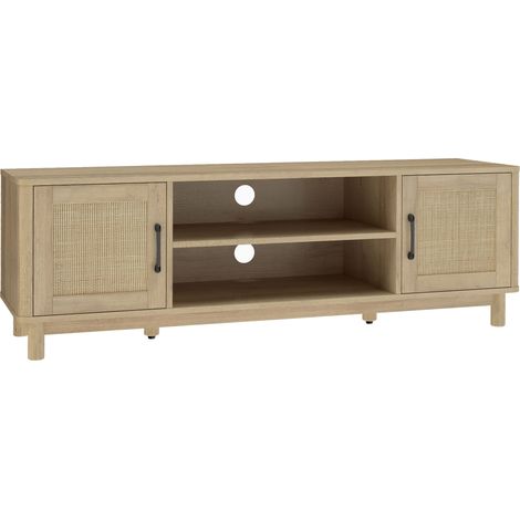 Meuble TV 135 cm, support télé pour écran jusqu'à 65 pouces, 2 portes en rotin, 2 étagères ouvertes, style chêne (1/5)