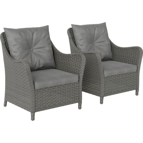 Rattan Garden Chairs Set of 2, Outdoor Rattan Chairs with Cushions, Armrests and High Back, PE Wicker Garden Armchair with Steel Frame for Balcony, Porch, Dark Grey