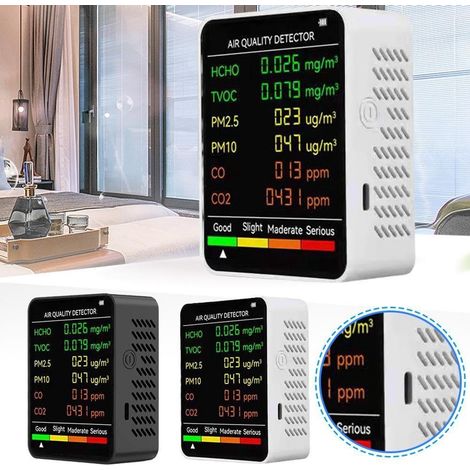 Monitor di qualità dell'aria nero a 6 funzioni, rileva PM2.5, PM10, HCHO, TVOC, CO, CO2, adatto per il monitoraggio di casa, ufficio, auto e ambiente esterno. (1/5)