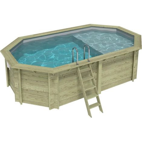 Piscina in legno NEMO 5.79 x 3.49 – H.1.45 m con spiaggia, grigio, con supporti da cementare - BAS7304OSPI2+PLA304
