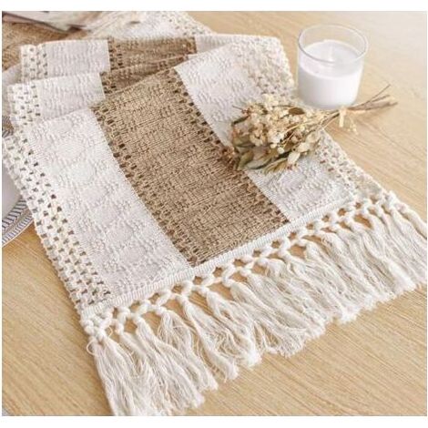 Chemin de table bohème pour décoration d'intérieur avec pompons, chemin de table rustique de 220 cm de long, chemin de table crème et marron (30 x 220 cm) (1/5)