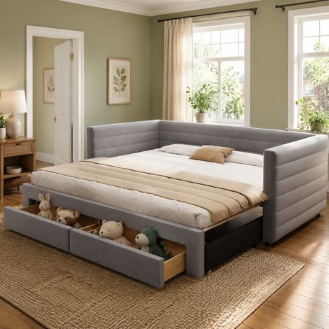 Sofá cama extensible 90 x 190 cm a 180 x 190 cm con cajones, gris, algodón y lino HAVRYA (1/5)