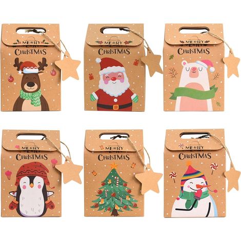 Set di 24 Scatole per Regali di Natale, Cartone Kraft  Sacchetti a Tema Natalizio con Etichetta e Cordino per Caramelle e Cioccolatini (1/5)