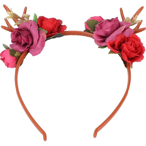 Couronne de tête fleurie à bois de renne, bandeau floral élégant pour fêtes, cosplay, mariage et Noël, rouge. (1/5)