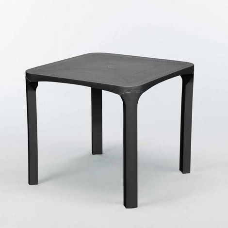 Grand Soleil – Table de jardin carrée 80x80cm en polyrotin noir – Résistante aux intempéries – Trou pour parasol – Design épuré pour terrasses et jardins