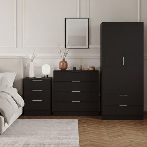 Trega 3pc Bedroom Furniture Set – 3 Drawer Bedside, 4 Drawer Chest & 2 Door Wardrobe, Black