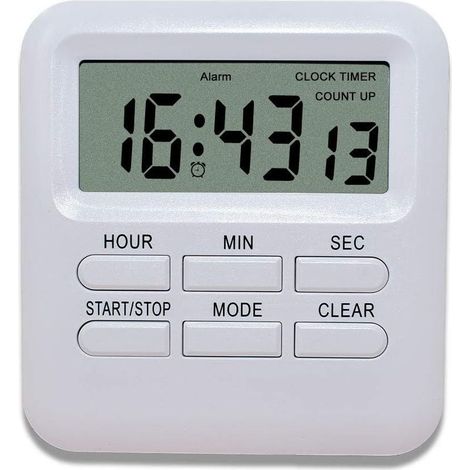 Minuterie Digitale avec Fonction d'Horloge/Réveil 3 en 1, Minuterie de Cuisine Aimanté, Timer Chronomètre Compte à Rebours, Gestion du Temps pour Cuisine/Étude/Sport (Blanc) (1/5)