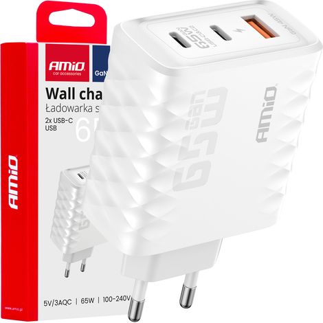 Caricabatterie da parete amio-04289 con ricarica rapida da 65 W, porte USB-A e 2 porte USB-C. (1/3)