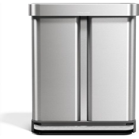 poubelle de recyclage rectangulaire, poubelle de cuisine, tri selectif 2 bacs, double compartiments, acier inoxydable brossé avec couvercle en plastique gris, 58 litres (34/24) (1/5)