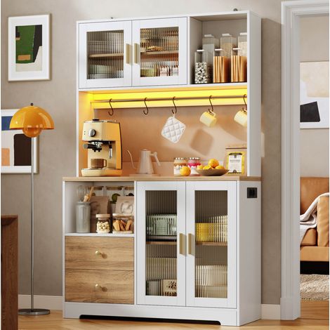 Buffet cuisine haut 178 cm avec LED, prises USB, portes en verre trempé, MDF blanc (1/5)