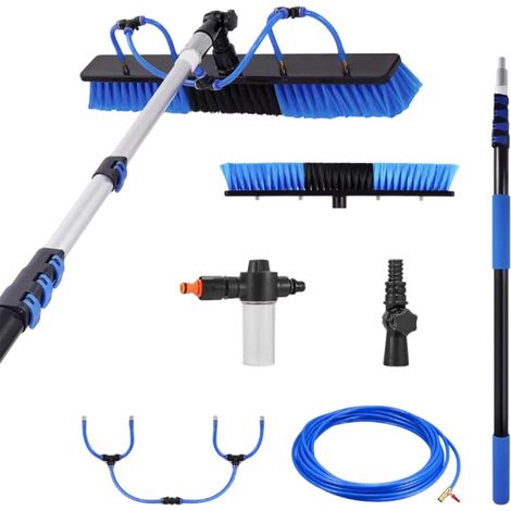 Brosse de nettoyage pour panneau solaire  Poteau télescopique alimenté en eau, rondelle de panneau solaire de 5 m avec distributeur de savon et tuyau d'eau de 10 m  pour fenêtre, toit, jardin, verre (1/5)
