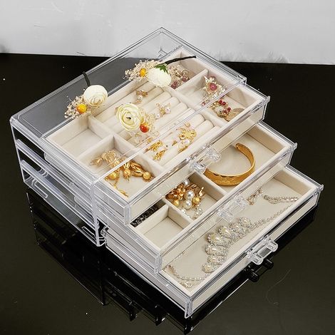 Boite à Bijoux avec 3 Tiroirs, Boite à Bijoux Femme Doublure en Velours, Organisateur à Bijoux, Boîtes de Rangement Acrylique pour Bagues, Boucles d'oreilles, Colliers, Beige (1/5)