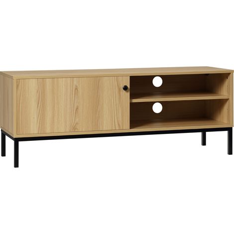 50-Zoll-TV-Ständer mit Schiebetür und Stauraum – Holzoptik