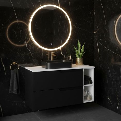 Meuble de salle de bain suspendu 80 cm, noir et blanc, plan de toilette, 2 tiroirs et étagère latérale, sans vasque – MODERN (1/5)