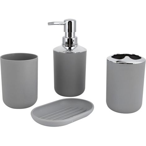 4-teiliges Badezimmer-Accessoire-Set: Lotionflasche aus Kunststoff, Becherhalter, Abspülbehälter, Seifenschale (Grau)