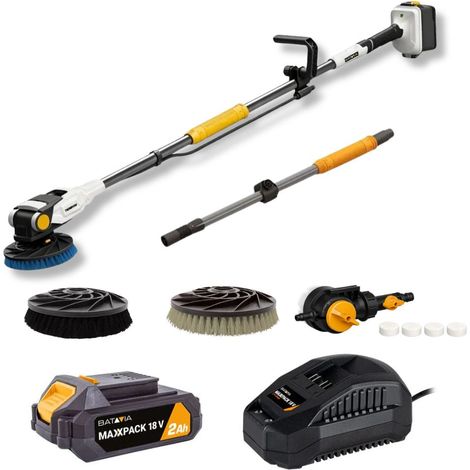 18V Twin Brush Akku Power Scrubber mit bürstenlosem Motor – inkl. 2,0-Ah-Akku, 2,4-A-Ladegerät, Verlängerungsstange, Seifenspender und allen Bürsten (1/5)