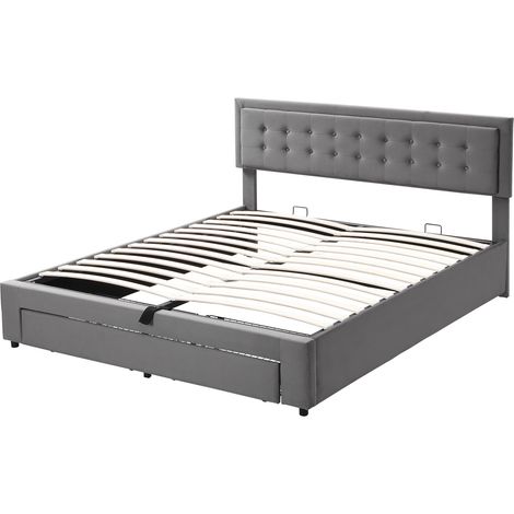 Cama baúl capitoné de terciopelo gris 180 x 200 con somier y cajones MODENUIT (1/5)