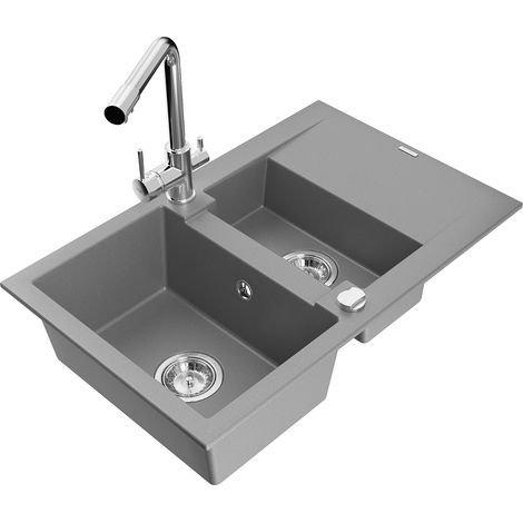 Mexen Gaspar fregadero de granito 1,5-cubetas con escurridor y grifo de cocina Duero, gris - 6507-71-671600-00