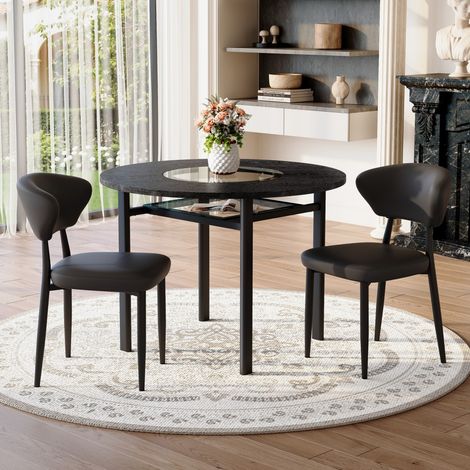 Lot table ronde 100x100x76 cm bois noir 2 chaises PU noir dossier incurvé confort salon minimaliste (1/5)