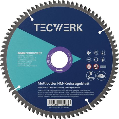 Lame de scie circulaire à onglet/table AD 210mm Z.80 HLTCG Largeur de coupe 2,5mm TECWERK (1/3)