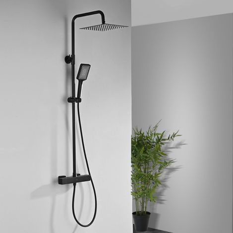 DETBOM Columna de Ducha Termostática Sistema de Ducha Negro Conjunto de Ducha de Altura Ajustable con Mezclador Termostático para Baño Cabezal de Ducha de lluvia Cuadrado