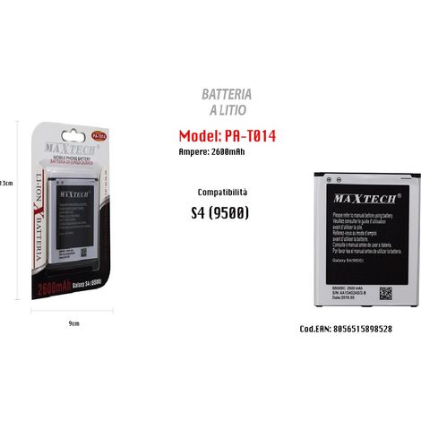 MaxTech - Batteria S4 9500 Ricambio Cellulare Smartphone A Litio 2600mah Maxtech Pa-t014 -
