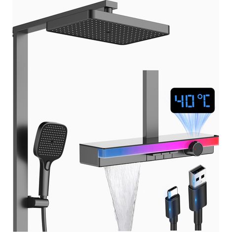 Esip – Colonne de douche sans robinetterie – Pommeau 33x22cm à effet pluie – Affichage LED température – Bec baignoire cascade encastré