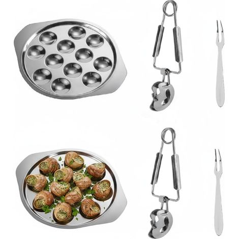 2 Set Plat à Escargots, Acier Inoxydable, 12 Trous, Avec Pinces Et Fourchettes, Pour Restaurant Et Dîner