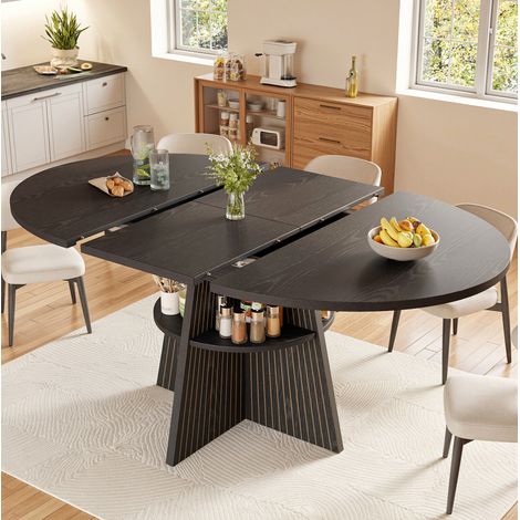 Tavolo da pranzo estensibile 110x110x76 cm, vano portaoggetti aperto, angoli arrotondati, piano ispessito, MDF nero (1/5)
