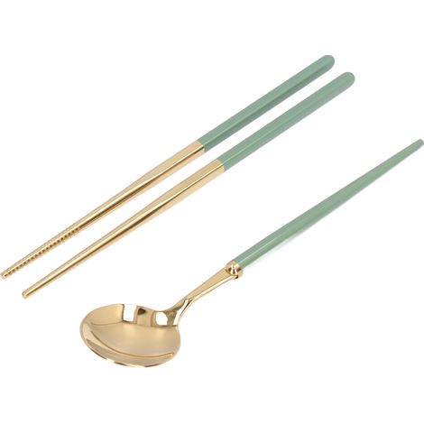 Reisebesteck aus Edelstahl, tragbares Essgeschirr-Set mit Etui, Essstäbchen und Löffel, individuelles Set in Grün und Gold, für Studenten und auf Reisen. (1/5)