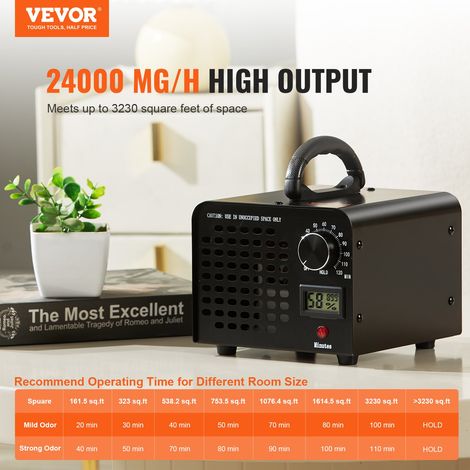 Générateur d'Ozone Purificateur d'Air 24000 mg/h Générateur O3 pour Éliminer les Odeurs Commercial Industriel 100 W Grande Capacité Minuterie 0-120 min pour Chambres Voitures Animaux Domestiques (1/5)