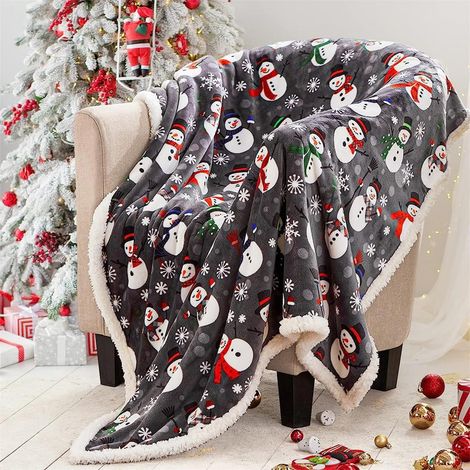Couverture Canapé Chambre - Motif Bonhomme De Neige Et Flocons De Neige - Polyester - 70 x 100 cm - Gris - 1 Pièce (1/5)