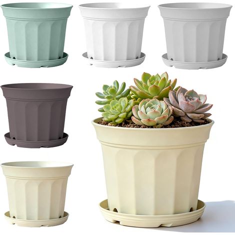 Lot De 5 Pots De Fleurs Avec Système D irrigation Pots De Fleurs Ø 21 cm Pot De Mats Trou Drainage Soucoupe Plastique L Jardins (1/4)