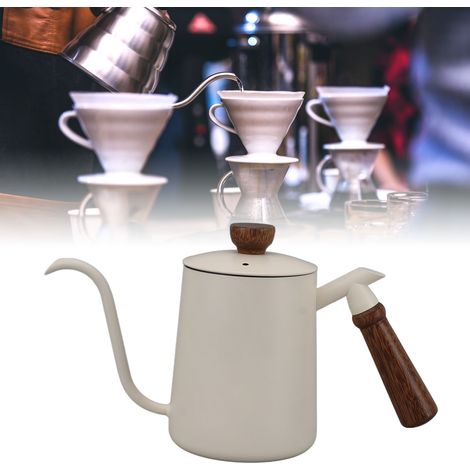 600-ml-Filterkaffeemaschine aus Edelstahl 304 mit Holzgriff, Ohrschlaufen und feinem Ausguss, weiß. (1/5)