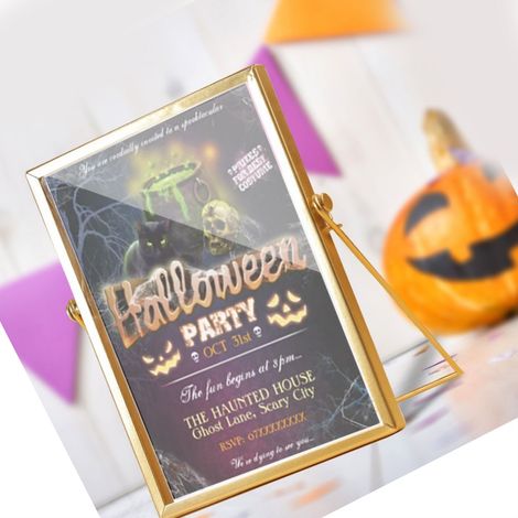 Décoration de table Halloween 14,5x19,5cm, cadre doré en métal, plaque acrylique décorative, ornement de fête, motif effrayant CBS721X27 (1/4)